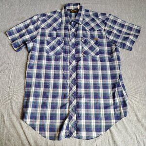 VINTAGE Roebucks Shirt Size XL Blue Short Sleeve Plaid‎ Pearl Snap Western Yoke